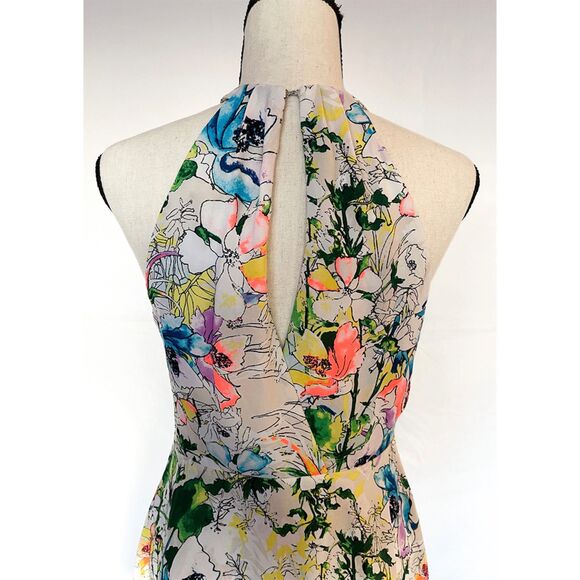 Express Floral Halter Dress | Watercolor Print, A Line Fit & Flare | Size 8 - Picture 3 of 12